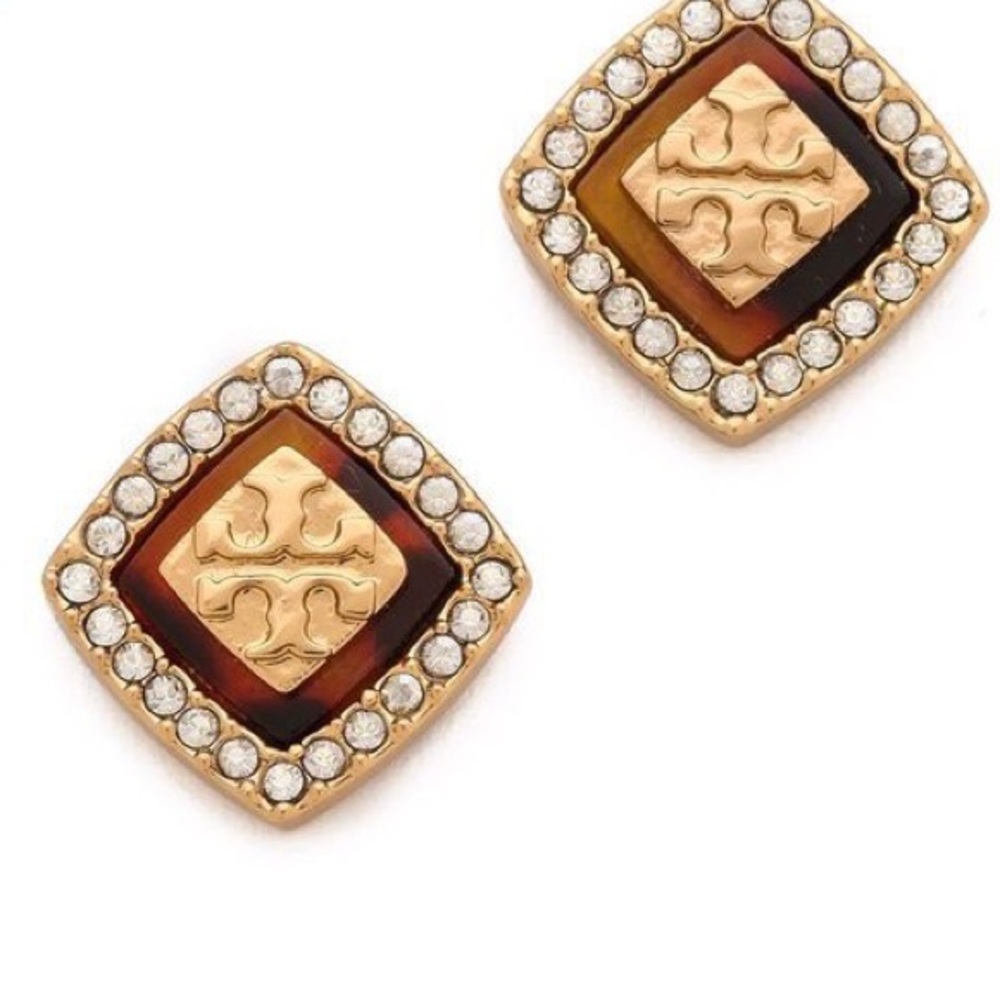 Tory Burch gold plated rhinestone logo earrings
